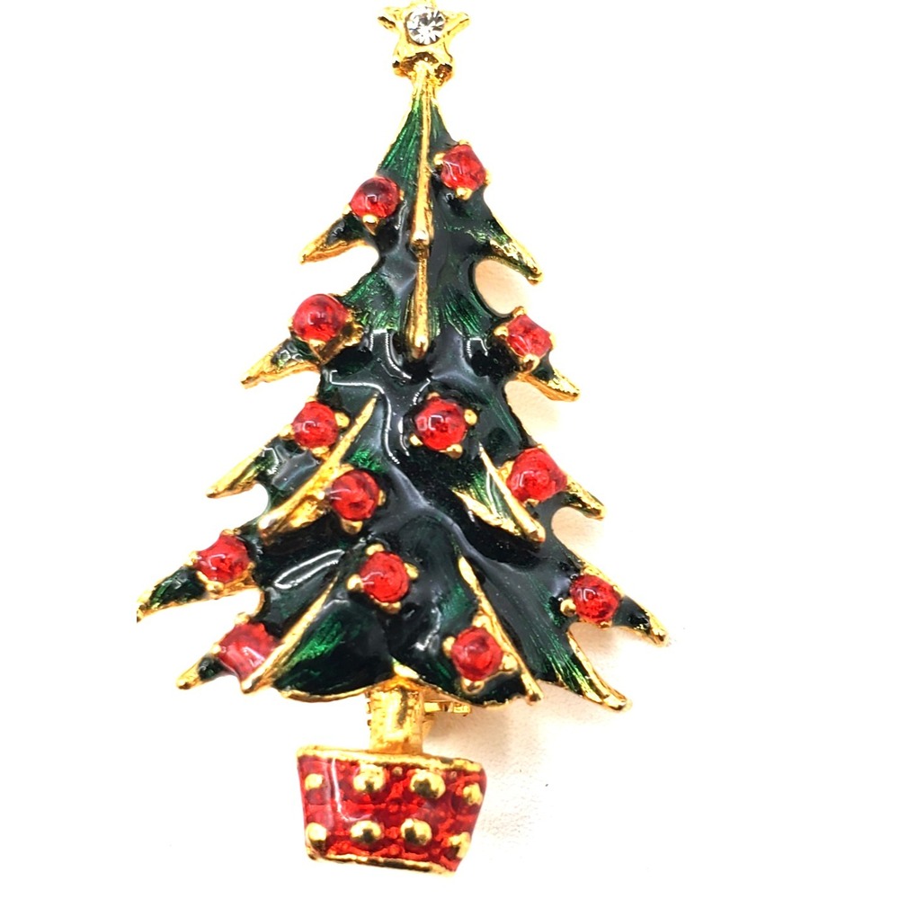 Vintage Gold Tone Multi Colored Jeweled Rhinestone Christmas Tree‎ Brooch Pin